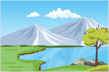 Landscape with green grass, trees, sky horizon and Mountains. Nature concept. Colored flat vector illustration isolated.