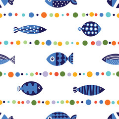 Cute blue fish and polka dot. Kids background. Seamless pattern. Can be used in textile industry, paper, background, scrapbooking.