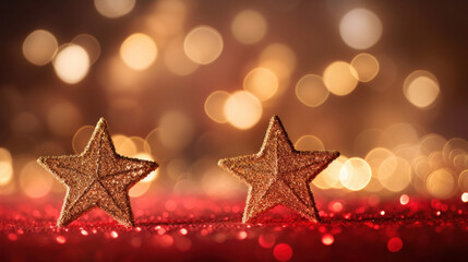 Gold christmas stars with christmas glowing golden red on a red blurred bokeh background.