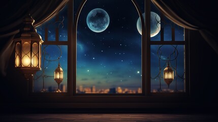 Mosque window with Islamic lantern, crescent moon light, stars and night sky view. Ramadan Kareem concept background