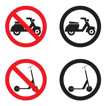 Icono de moto y patinete. Aparcar y no aparcar. Fondo blanco. Vista de frente y de cerca. Copy space