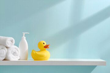 Mock up of baby bath products: bottle for shampoo (shower gel, lotion, oil), rubber duck, towels on blue background. Copy space for text. Concept of baby bath accessories. AI Generative - obrazy, fototapety, plakaty