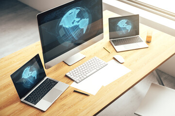 Digital America map on modern laptop screen, international trading concept. 3D Rendering