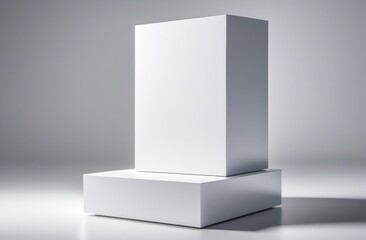 A rectangular white pedestal on a white background. Podium for product advertising.