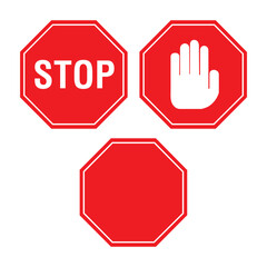 Señales de stop rojas, una con una mano y otra en blanco. Vector