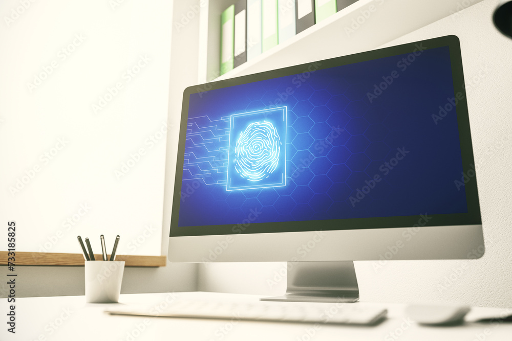 Aufkleber Modern computer display with abstract graphic fingerprint sketch, fingerprint scan data concept. 3D Rendering