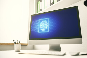 Modern computer display with abstract graphic fingerprint sketch, fingerprint scan data concept. 3D Rendering