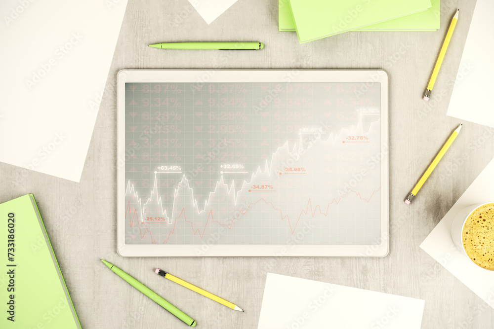 Poster modern digital tablet screen with abstract financial diagram, banking and accounting concept. top vi