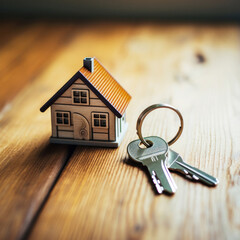 House key on a house shaped keychain resting on wooden floorboards concept for real estate.