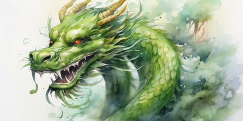 Fototapeta na wymiar Green wooden dragon symbol 2024. Chinese new year 2024 year of the green wood dragon. Watercolor.