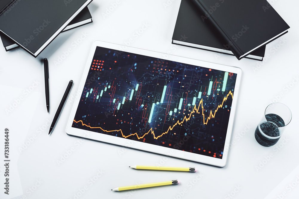 Poster modern digital tablet monitor with abstract creative financial chart, research and analytics concept