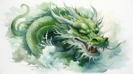 Poster Green wooden dragon symbol 2024. Chinese new year 2024 year of the green wood dragon. Watercolor. © Wararat