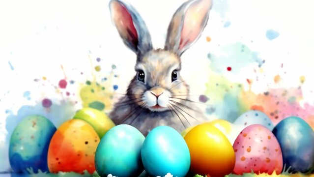 Easter bunny with many colorful brightly painted eggs. Festive Rabbit. Watercolor. For greeting, invitation, postcard, web design. Ideal for Easter celebration.