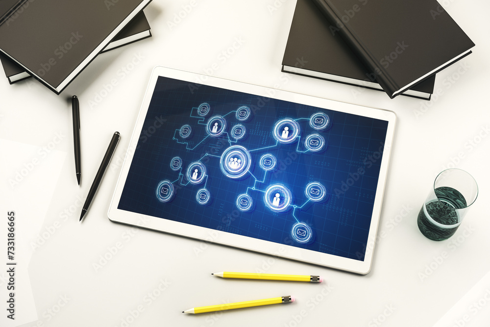 Poster social network concept on modern digital tablet screen. top view. 3d rendering