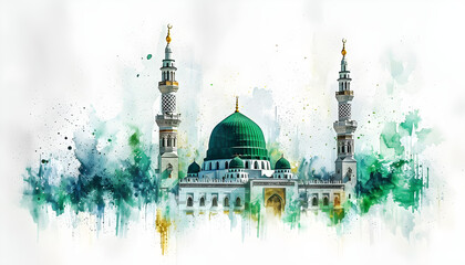 The water color painting showcases an Arabic Islamic typography design for a greeting card featuring the dome and minaret of the Prophet's Mosque, ideal for religious and cultural events.