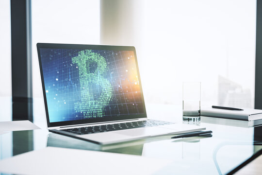 Creative Bitcoin concept on modern computer monitor. 3D Rendering
