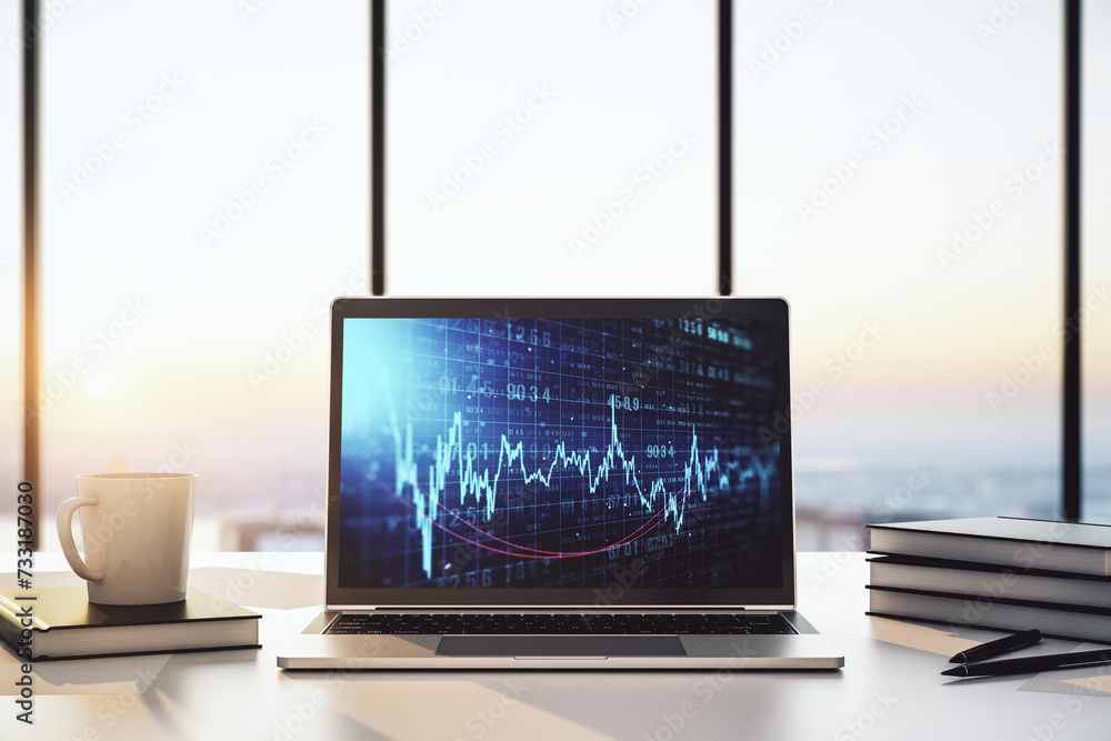 Poster modern computer display with abstract financial graph, financial and trading concept. 3d rendering