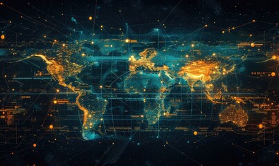a screen with a digital map of the world with network connections between nations representing international trading, color palette of blue and yellow