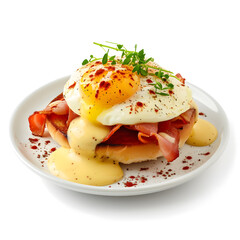 Breakfast with egg Benedict isolated top view on white background