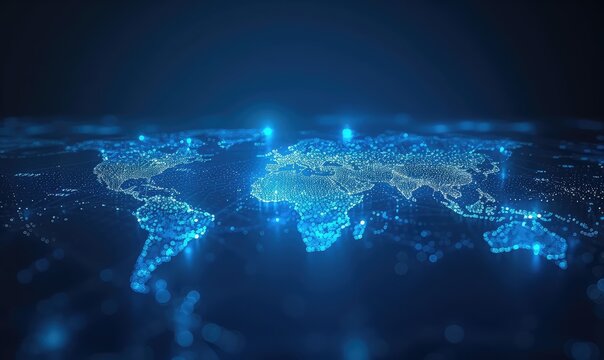 abstract design of network technology world map, in the style of motion blur panorama, flat backgrounds, luminous seascapes,dark sky blue and dark black
