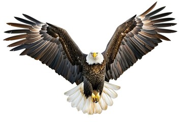Obraz premium A bald eagle soars with spread wings on white background
