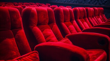 Fototapeta premium Red velvet theater seats bathed in soft light, inviting viewers to immerse themselves in a film