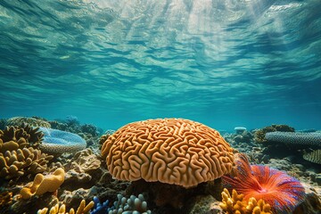 Naklejka na ściany i meble Big brain coral in clean underwater ocean