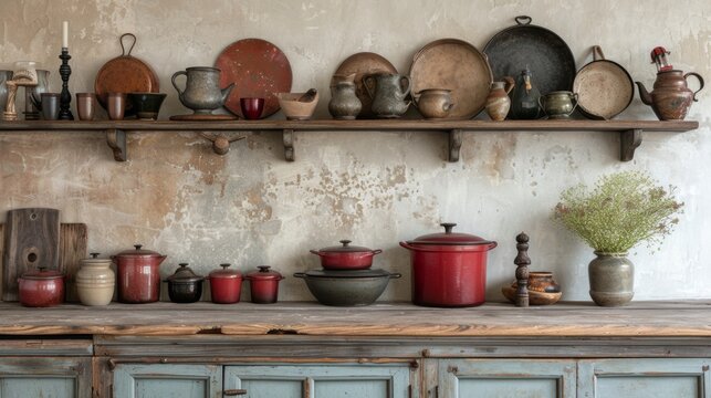 Rustic farmhouse kitchen adorned with enamelware and antique cooking utensils