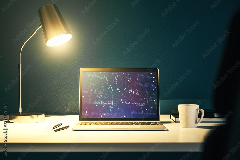 Poster Modern computer monitor with creative scientific formula concept, research and development concept. 3D Rendering