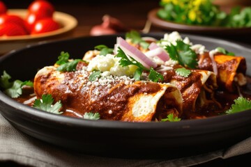 mexican chicken enmoladas de encacahuatado, or mole poblano enchiladas, mole negro, pipian