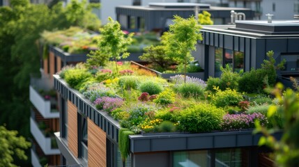 Fototapeta na wymiar Rooftop gardens atop eco-friendly buildings, promoting energy-efficient urban living