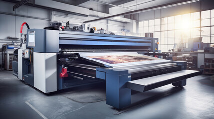 A large wide digital printer machine during production in background of modern print shop.