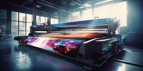Foto op Plexiglas A large wide digital printer machine during production in background of modern print shop. © Wararat