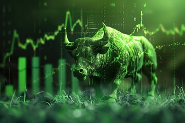 Big bull and green stock market. Bull market