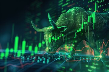 Big bull and green stock market. Bull market