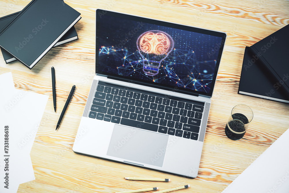 Aufkleber Modern computer monitor with creative light bulb hologram with human brain, idea and brainstorming concept. 3D Rendering