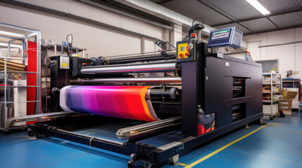 A large wide digital printer machine during production in background of modern print shop.