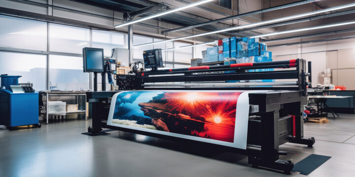 A large wide digital printer machine during production in background of modern print shop.