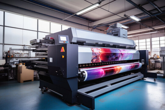 A large wide digital printer machine during production in background of modern print shop.