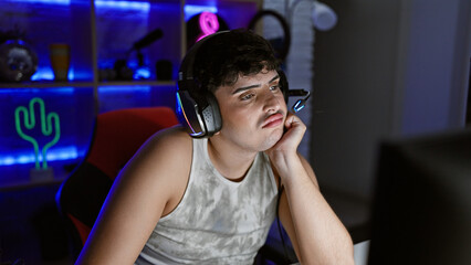 A bored young man with headphones in a neon-lit gaming room looking at a computer screen at night.