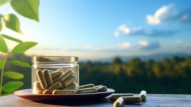 Mitragyna speciosa (kratom) leaves with medicinal products in the form of capsules under blue sky with natural outdoors as the background