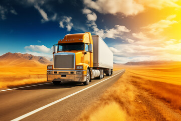 Fototapeta na wymiar Yellow Semi Truck Driving Along Desert Road