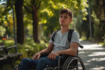 Young man in wheelchair in the park