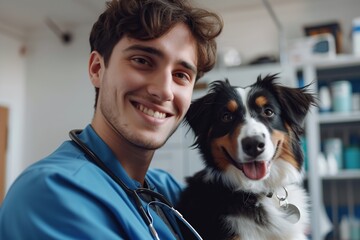 Young man vet with dog in vet clinic