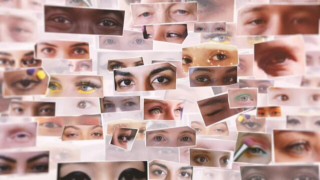 Animated wall of cut out videos of eyes. Collage style animated background. People of various ages and ethnicities. Multiple images of peoples eyes.