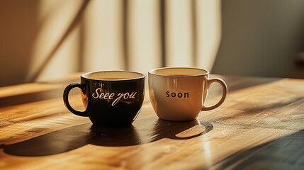 A minimalistic image of two coffee cups on a table, "See you soon" written in a casual script, Generative AI