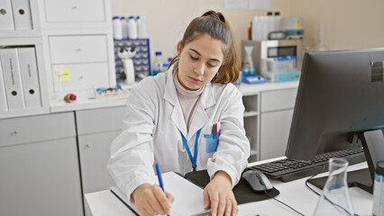 Young hispanic woman scientist writing notes in a laboratory indoor setting.