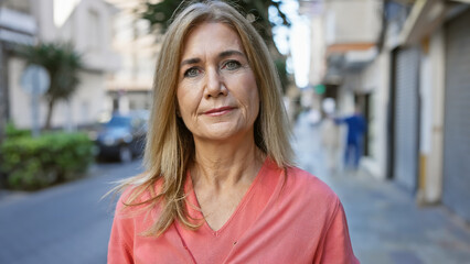 A mature caucasian woman stands thoughtfully on an urban street, exuding elegance and confidence...