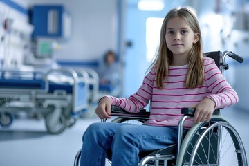 Disabled young girl sitting in wheelchair in hospital - obrazy, fototapety, plakaty