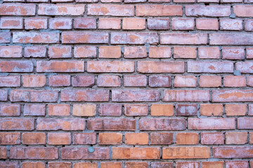 Blank brown red aged dirty brick wall background, texture. Ad template, close up view, copy space.